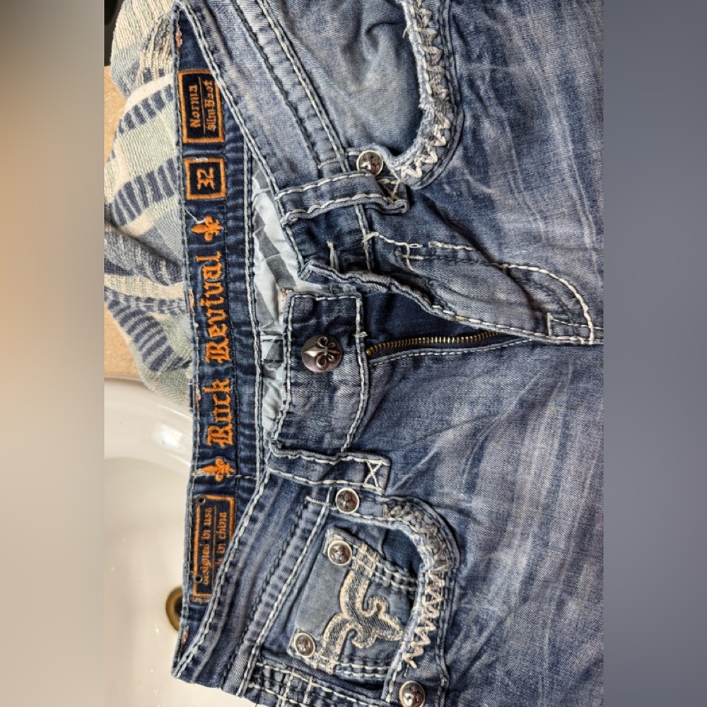 Rock Revival Distressed Blue Jeans for Men
